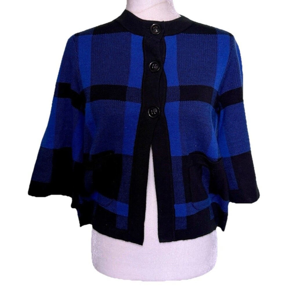 Women’s Petite Blue Black Plaid‎ Cardigan 3/4 Sleeve Button Front Academia Sz PS